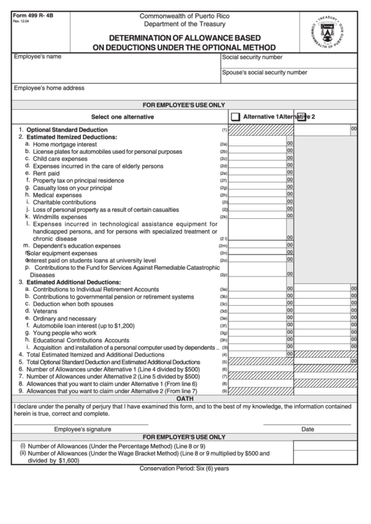 Form 499 R-4b - Determination Of Allowance Based On Deductions - Puerto Rico Department Of The Treasury Printable pdf