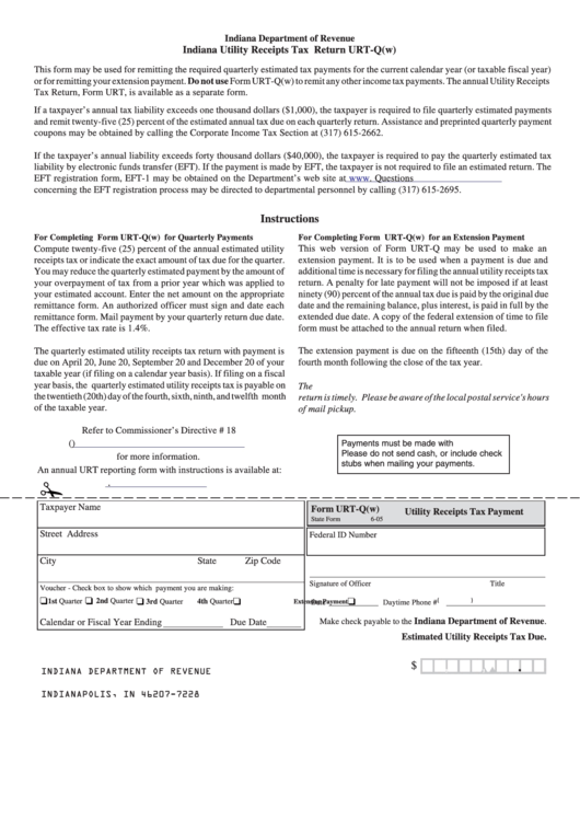 Form Urt-Q (W) - Utility Receipts Tax Payment - Indiana Department Of Revenue Printable pdf