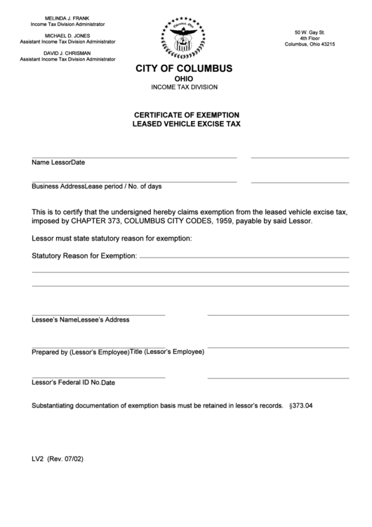Form Lv2 - Certificate Of Exemption Leased Vehicle Excise Tax - City Of Columbus, Ohio Printable pdf