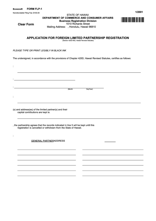 Fillable Form Flp-1 - Application For Foreign Limited Partnership Registration Printable pdf