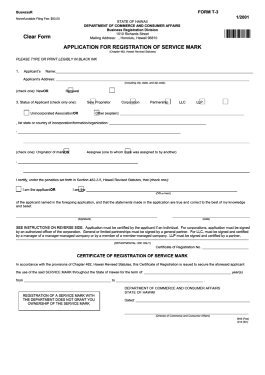Fillable Form T-3 - Application For Registration Of Service Mark - 2001 Printable pdf