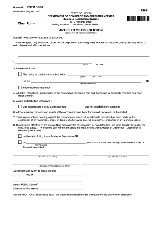 Fillable Form Dnp-7 - Articles Of Dissolution - 2001 Printable pdf