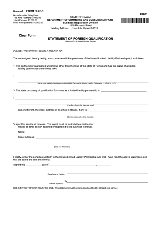 Fillable Form Fllp-1 - Statement Of Foreign Qualification - 2001 Printable pdf