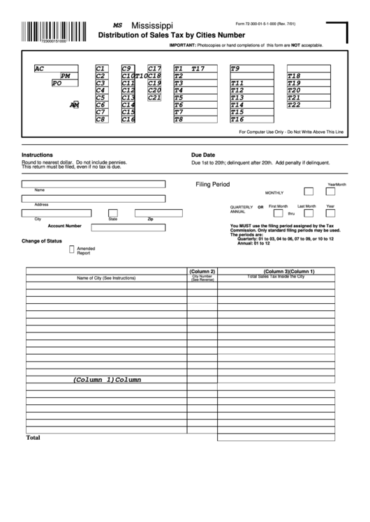 Form 72-300-01-5-1-000 - Distribution Of Sales Tax By Cities Number - Mississippi Printable pdf