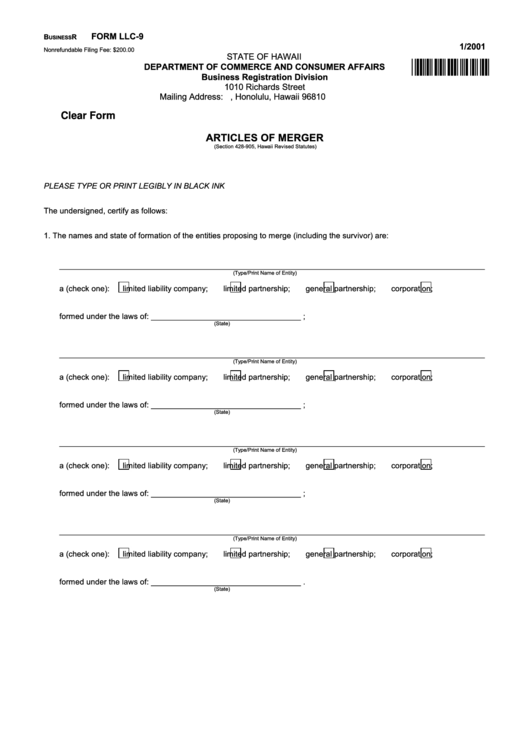 Fillable Form Llc-9 - Articles Of Merger Printable pdf