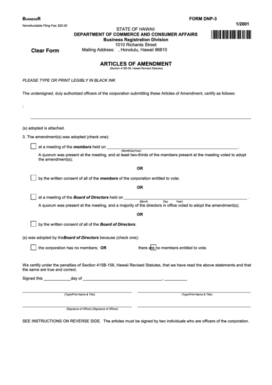 Fillable Form Dnp-3 - Articles Of Amendment - 2001 Printable pdf