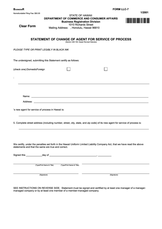 Fillable Form Llc-7 - Statement Of Change Of Agent For Service Of Process - 2001 Printable pdf