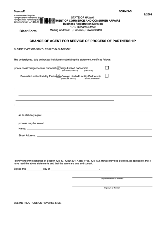 Fillable Form X-5 - Change Of Agent For Service Of Process Of Partnership - 2001 Printable pdf