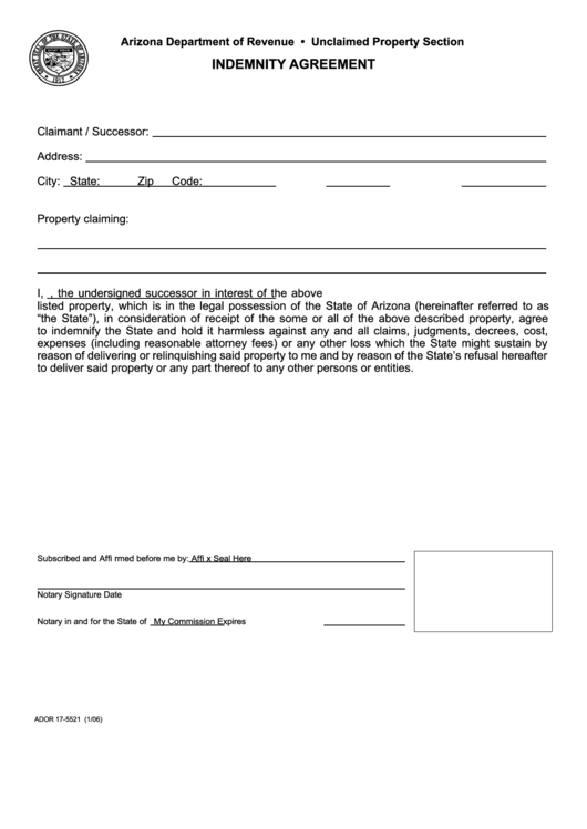 Form Ador 17-5521 - Indemnity Agreement - Arizona Department Of Revenue Printable pdf