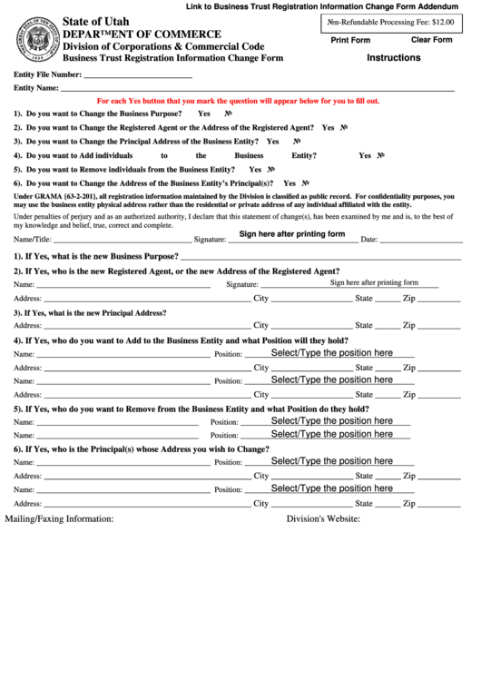 Fillable Business Trust Registration Information Change Form - Utah Department Of Commerce Printable pdf