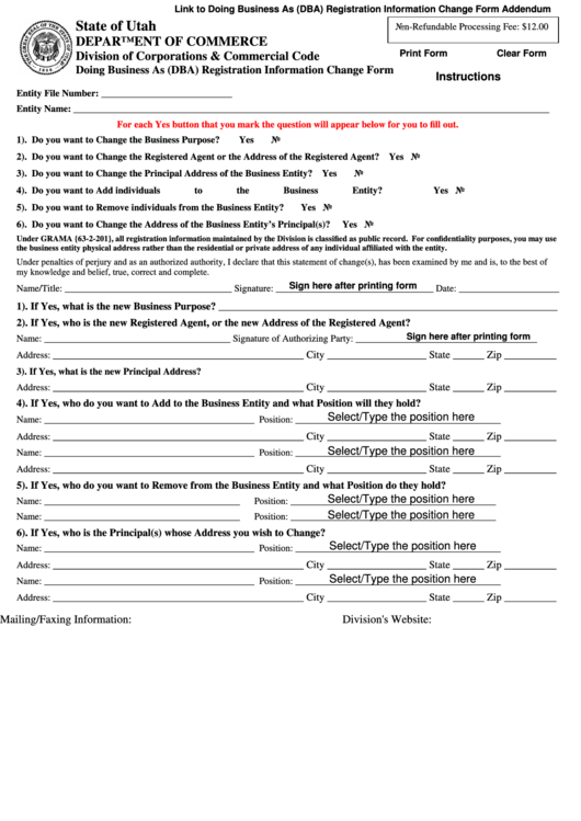 Fillable Doing Business As (Dba) Registration Information Change Form - Utah Department Of Commerce Printable pdf