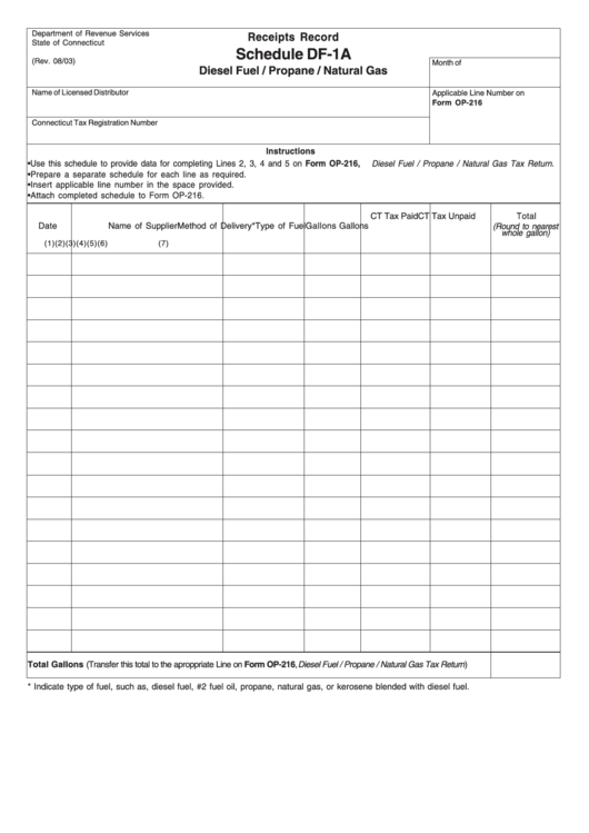 Schedule Df-1a - Receipt Record - Diesel Fuel/propane/natural Gas - State Of Connecticut - Department Of Revenue Services Printable pdf