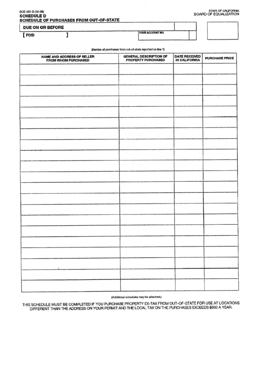 Form Boe-531-D - Schedule Of Purchases From Out-Of-State Printable pdf