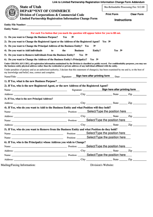 Fillable Limited Partnership Registration Information Change Form - Utah Department Of Commerce Printable pdf