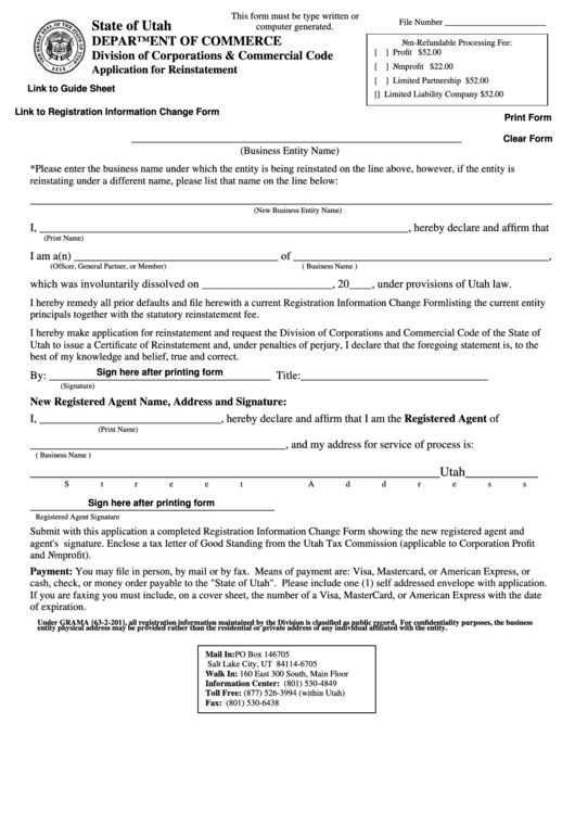 Fillable Application For Reinstatement - Utah Department Of Commerce Printable pdf