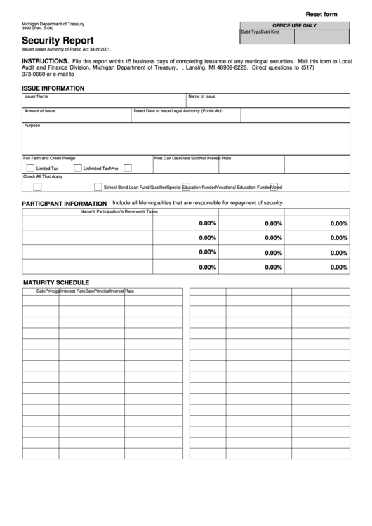 Fillable Form 3892 - Security Report - Michigan Department Of Treasury Printable pdf