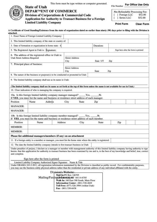 Fillable Application For Authority To Transact Business For A Foreign Limited Liability Company Form Printable pdf