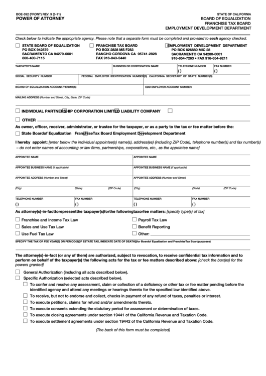 Fillable Form Boe-392 - Power Of Attorney - Board Of Equalization - State Of California Printable pdf