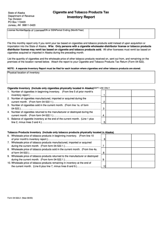 Form 04-522.2 - Inventory Report - Cigarette And Tobacco Products Tax - State Of Alaska - Department Of Revenue Printable pdf