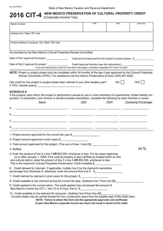 Form Cit-4 - New Mexico Preservation Of Cultural Property Credit (Corporate Income Tax) - 2016 Printable pdf