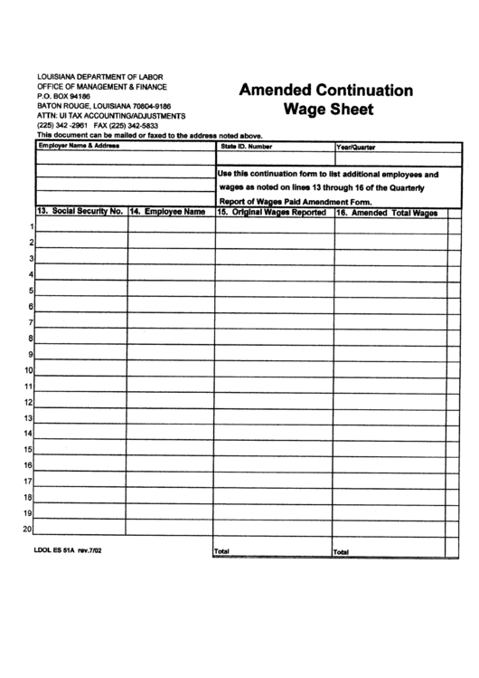Form Ldol Es 51a - Amended Continuation Wage Sheet - Louisiana Department Of Labor Printable pdf