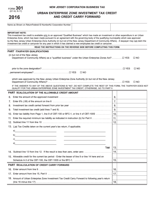 Fillable Form 301 - Urban Enterprise Zone Investment Tax Credit And Credit Carry Forward - 2016 Printable pdf
