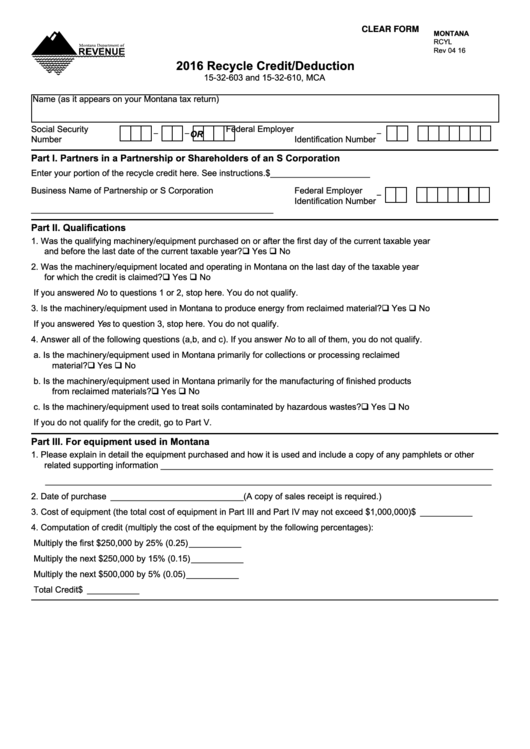 Fillable Montana Form Rcyl - Recycle Credit/deduction - 2016 Printable pdf