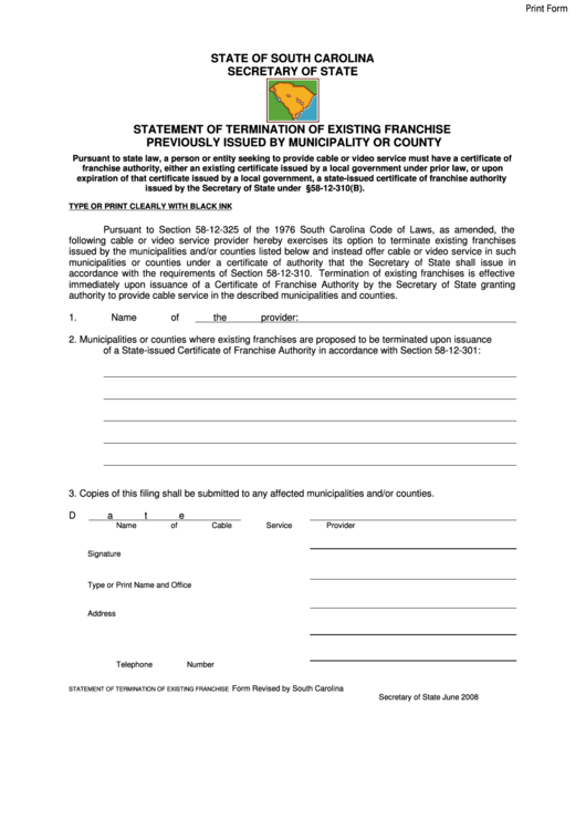 Fillable Statement Of Termination Of Existing Franchise Form - State Of South Carolina - Secretary Of State Printable pdf