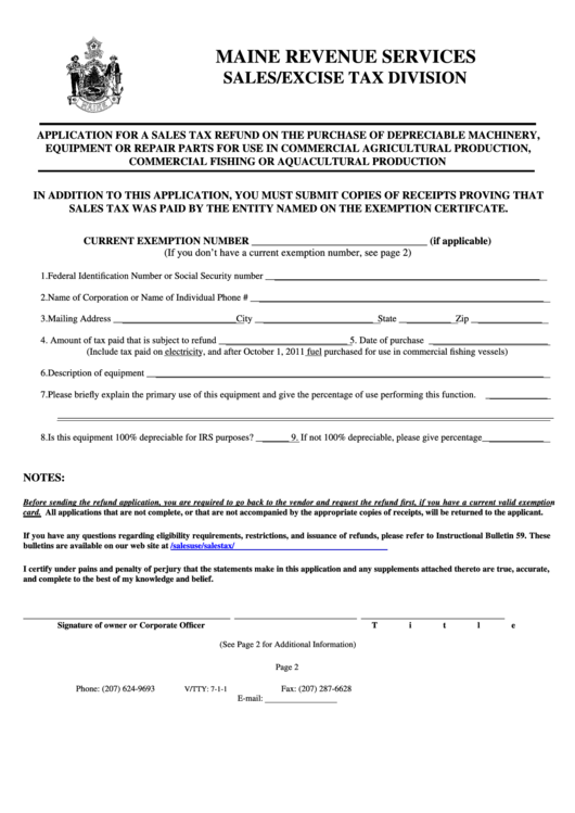 Form App-103 - Application For A Sales Tax Refund On The Purchase Of Depreciable Machinery - Maine Revenue Services Printable pdf
