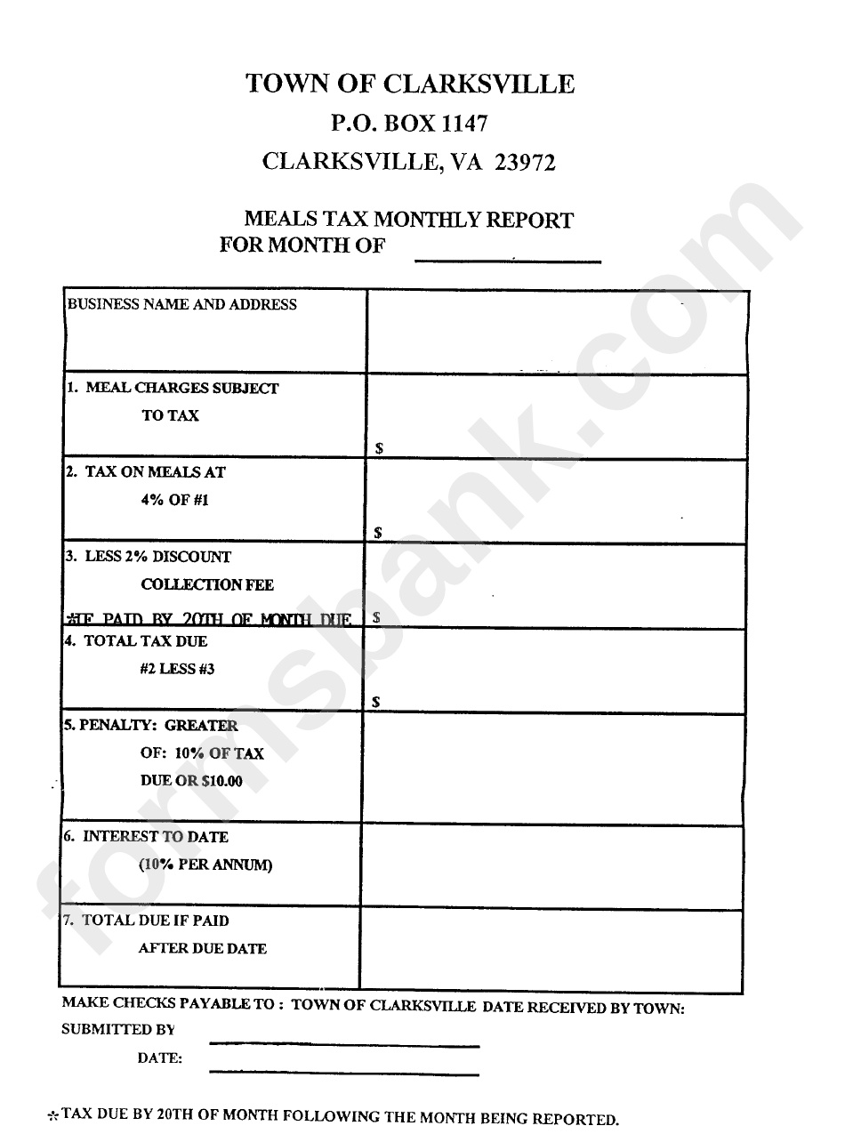 Meals Tax Monthly Report Form