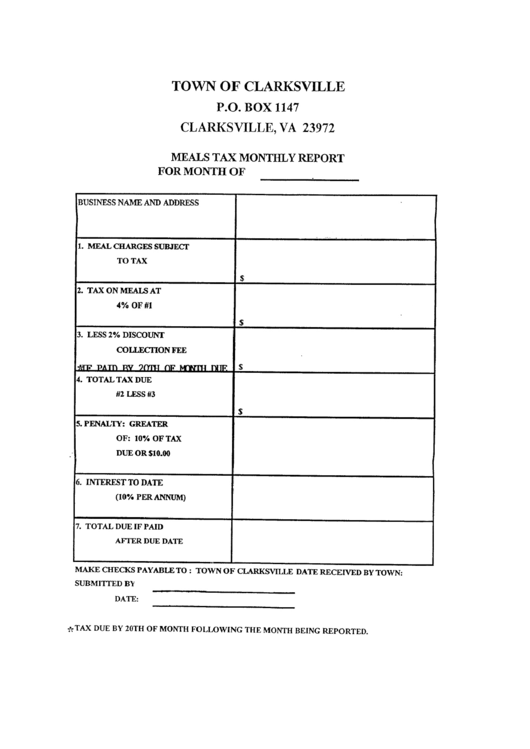 Meals Tax Monthly Report Form Printable pdf