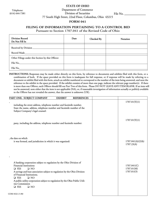 Form 041 - Filing Of Information Pertaining To A Control Bid - 1999 Printable pdf
