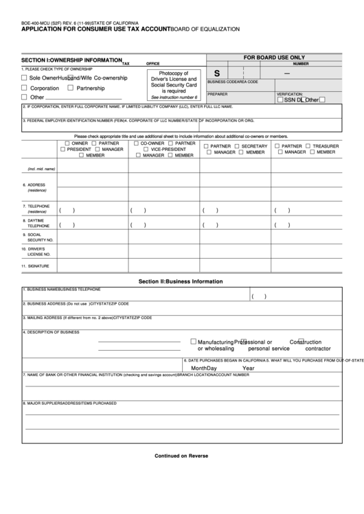Form Boe-400-Mcu - Application For Consumer Use Tax Account - 1999 Printable pdf