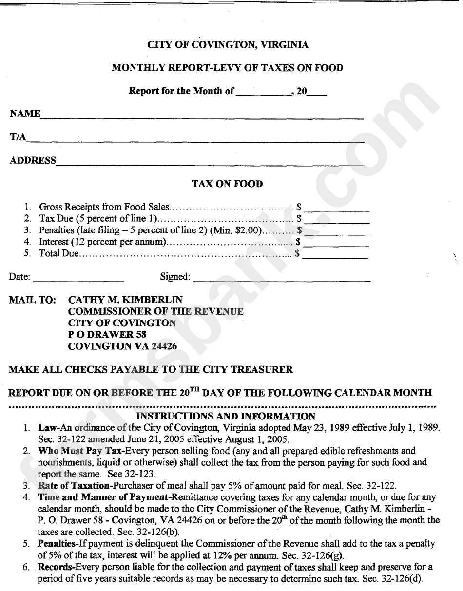 Monthly Report-Levy Of Taxes On Food Form - 1989 printable pdf download