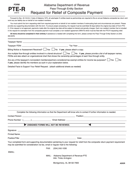 Fillable Form Pte-R - Relief Of Composite Payment Request, Composite Payment Printable pdf