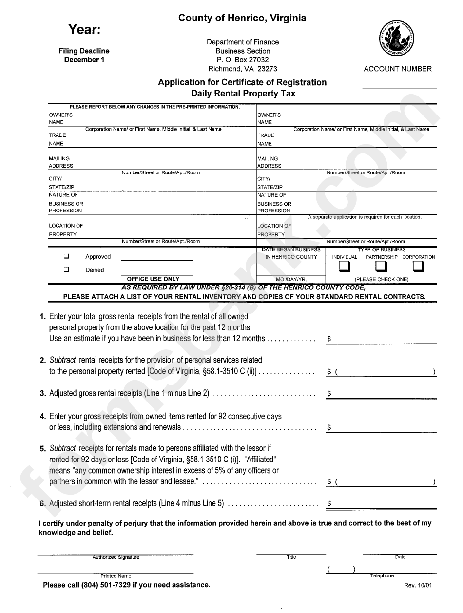 Application For Certificate Of Registration Daily Rental Property Tax Form - 2001