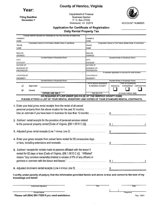 Application For Certificate Of Registration Daily Rental Property Tax Form - 2001 Printable pdf
