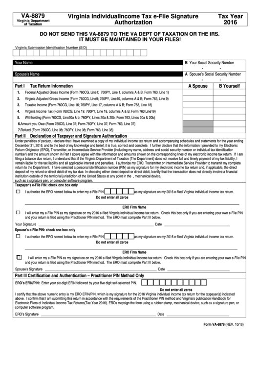 Form Va-8879 - Virginia Individual Income Tax E-File Signature Authorization - 2016 Printable pdf