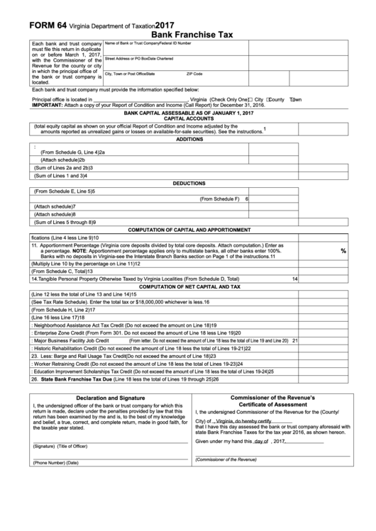 Fillable Form 64 - Bank Franchise Tax - 2017 Printable pdf