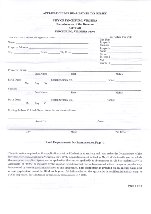 Application For Real Estate Tax Relief Form Printable pdf