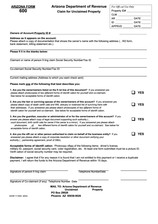 Form 600 - Claim For Unclaimed Property Printable pdf