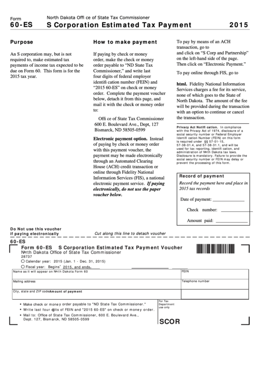 Fillable Form 60-Es - S Corporation Estimated Tax Payment - 2015 Printable pdf