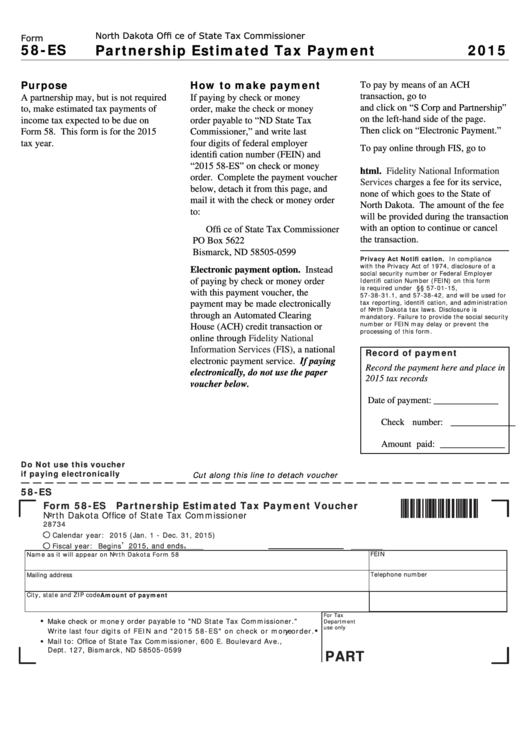 Fillable Form 58-Es - Partnership Estimated Tax Payment - 2015 Printable pdf