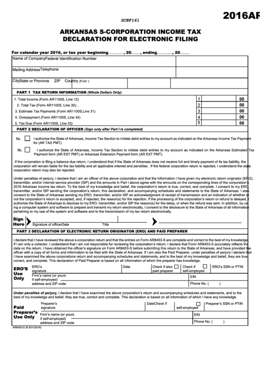 Form Ar8453-S - Arkansas S-Corporation Income Tax Declaration For Electronic Filing - 2016 Printable pdf