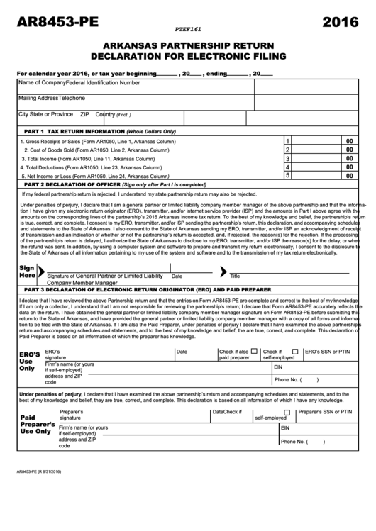 Form Ar8453-Pe - Arkansas Partnership Return Declaration For Electronic Filing - 2016 Printable pdf