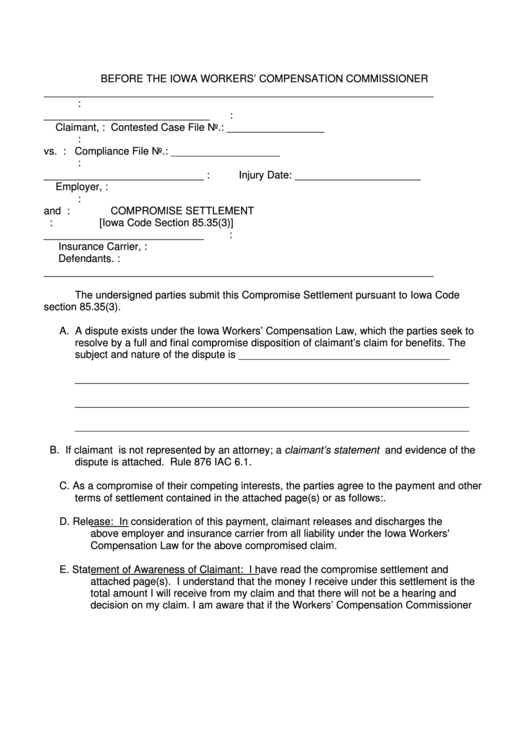 Form 14-0025 - Compromise Settlement - Iowa Workers
