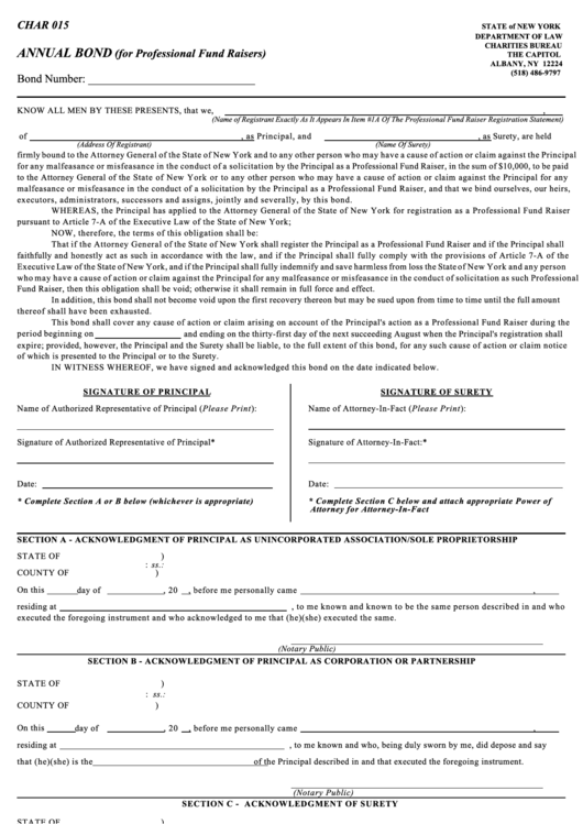 Form Char 015 - Annual Bond (For Professional Fund Raisers) Printable pdf