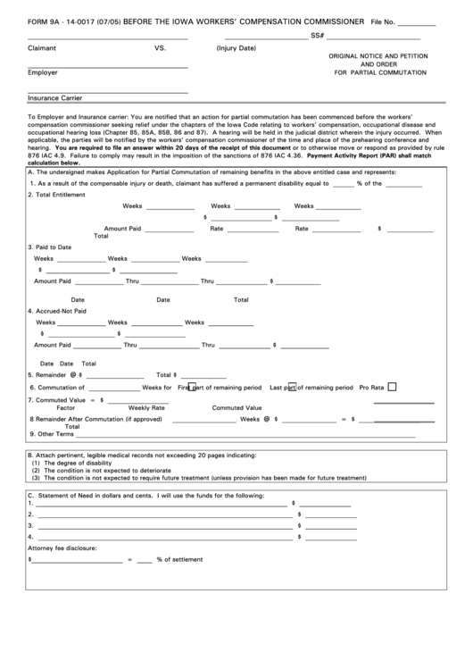 Form 9a-14-0017 - Original Notice And Petition And Order For Partial Commutation Printable pdf