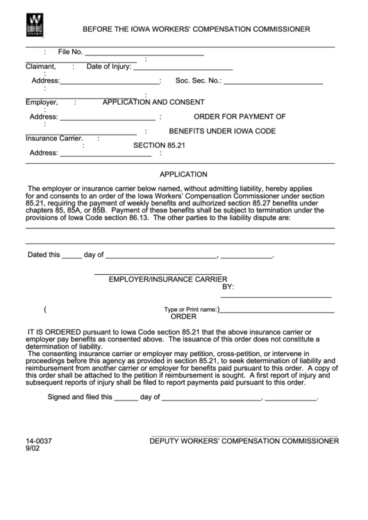 Form 14-0037 - Application And Consent Order For Payment Of Benefits - Iowa Workers