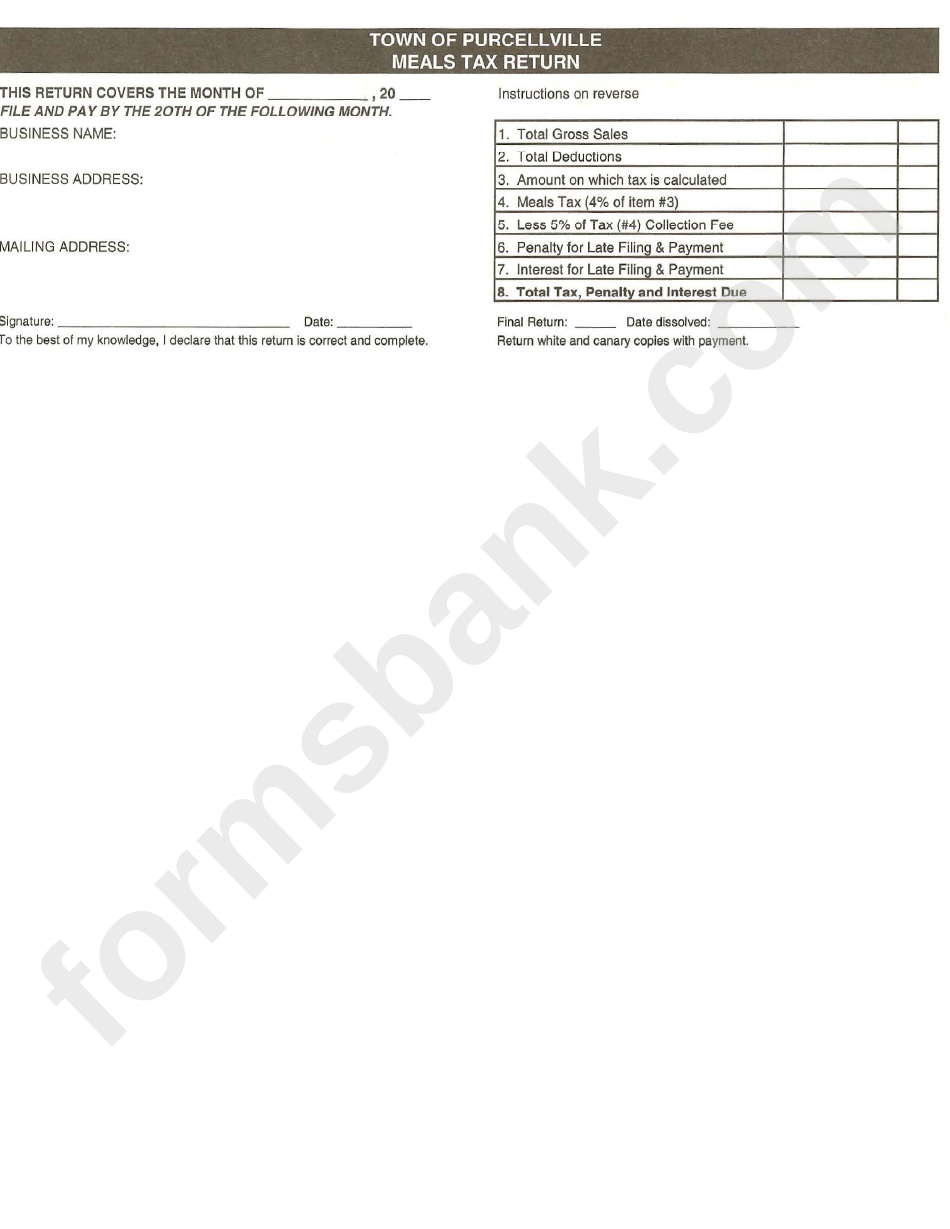 Meals Tax Returns Form